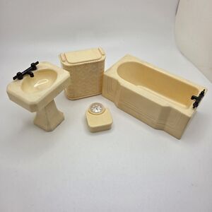 Vintage Renwal Dollhouse Bathroom Set - Ivory - Sink Tub Hamper Scale